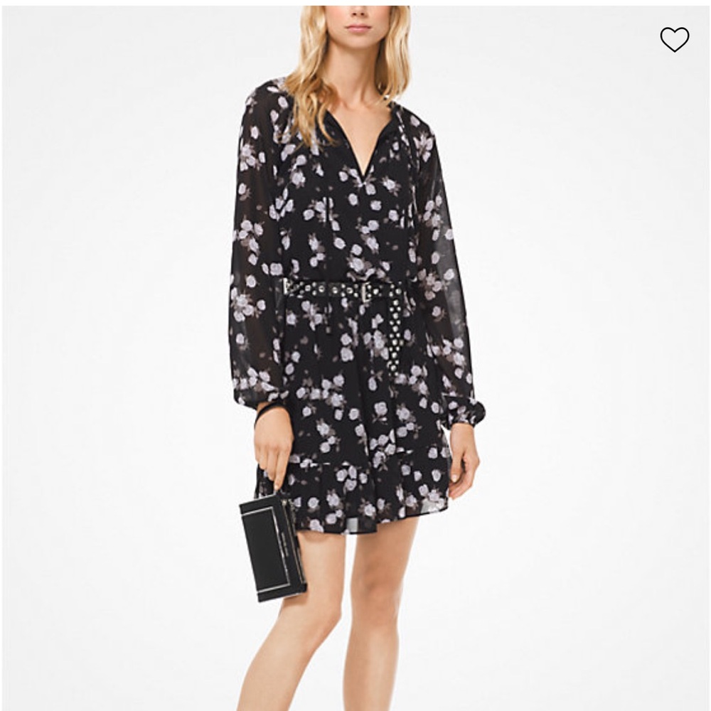 Michaels Rose Georgette Tie Neck Black and White Long Sleeve Dress